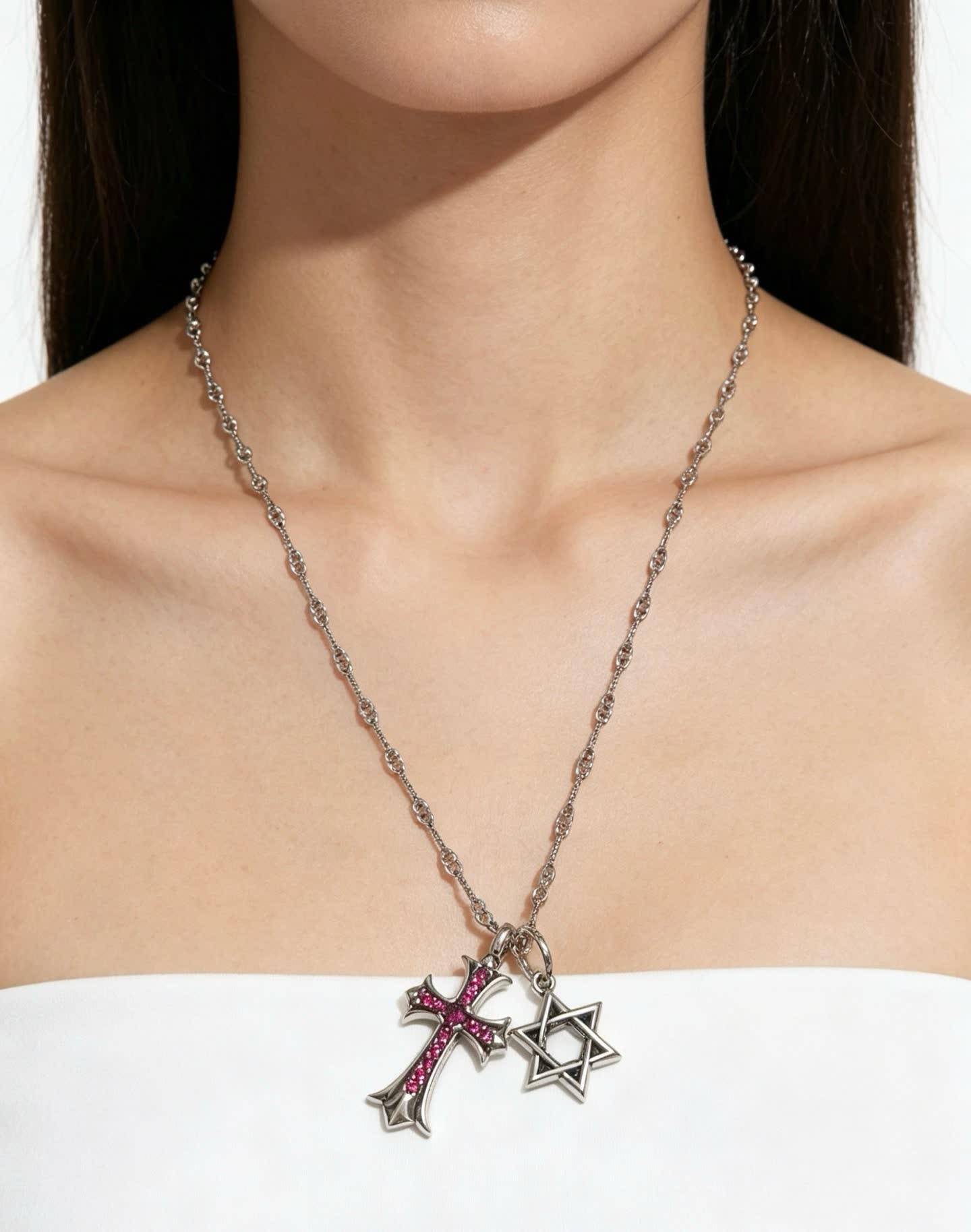 Chrome Hearts Silver Cross and Star of David Charm Necklace